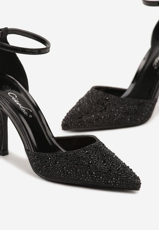 Czarne Eleganckie Brokatowe Szpilki z Cyrkoniami Zapinane przy Kostce Jornena 6