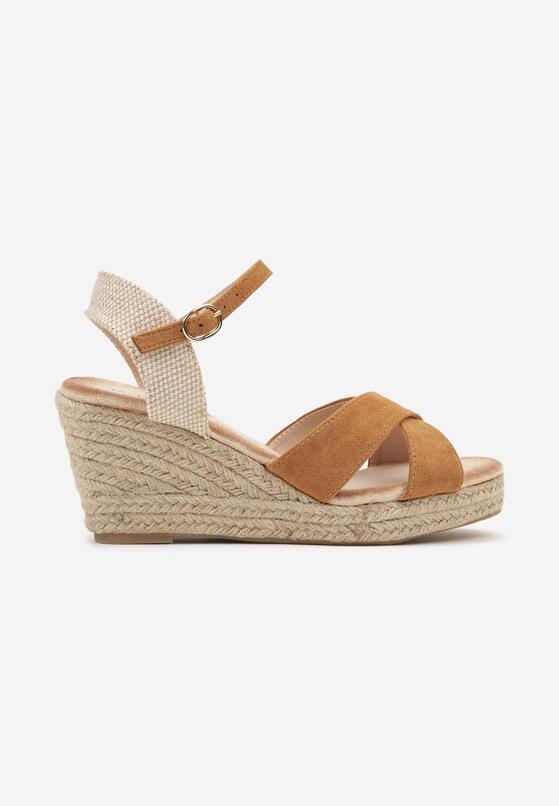 Brązowe Sandały w Stylu Espadryli na Plecionym Koturnie Timiva 4