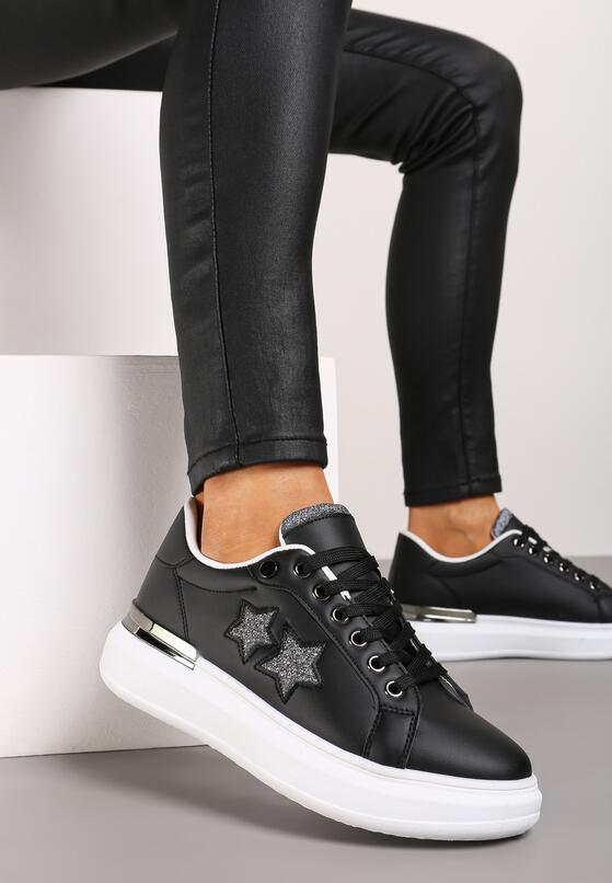 Czarne Płaskie Sneakersy z Gwiazdkami i Metalicznymi Wstawkami Jalelia 3