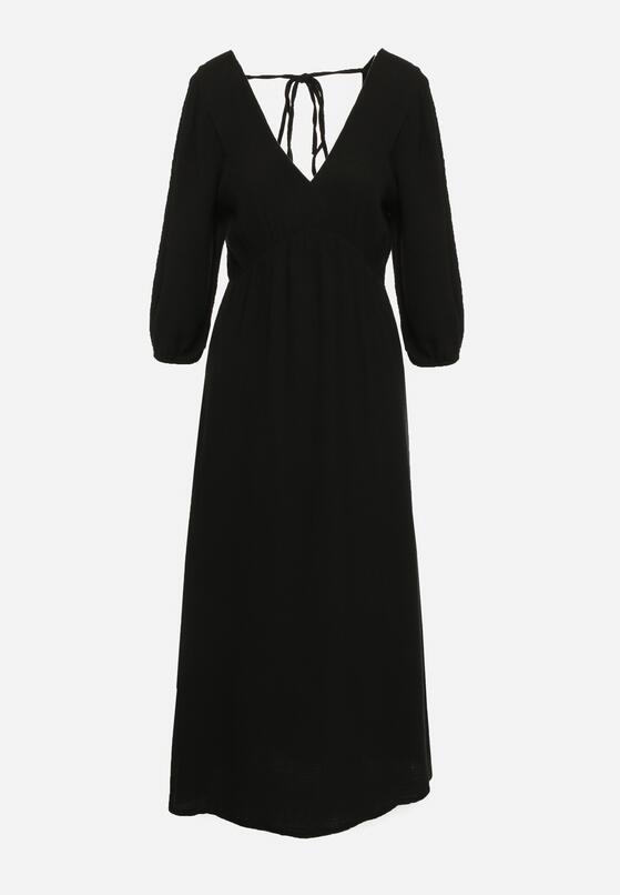 Czarna Rozkloszowana Bawełniana Sukienka Boho z Wiązaniem i Gumką w Talii Lawla 6