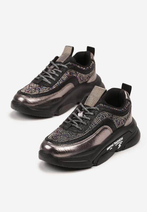 Szare Płaskie Buty Sportowe Sneakersy ze Skórzaną Wkładką i Metaliczną Wstawką Abelv 2