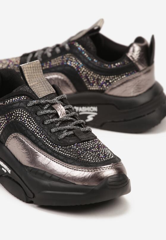 Szare Płaskie Buty Sportowe Sneakersy ze Skórzaną Wkładką i Metaliczną Wstawką Abelv 3