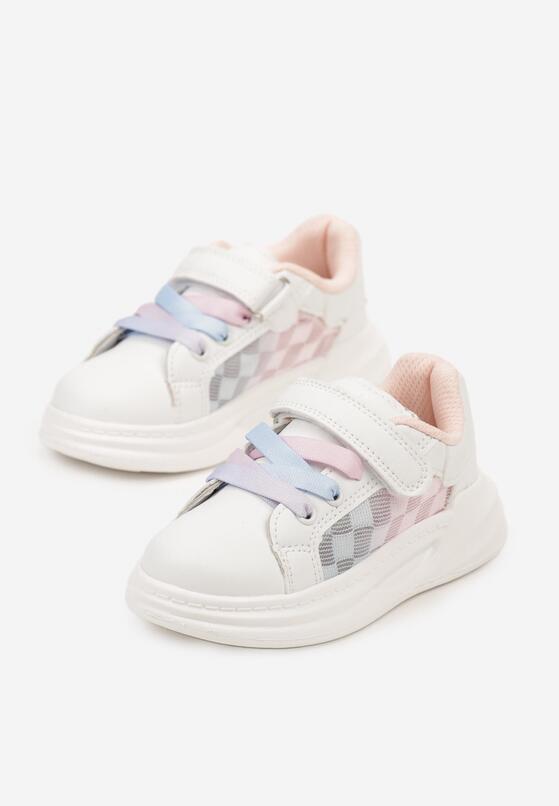 Biało-Różowe Płaskie Buty Sportowe Sneakersy z Kolorowymi Sznurówkami i Skórzaną Wkładką Elmelba 2