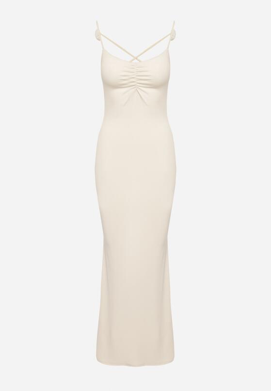 Beżowa Sukienka Bodycon Wiązana na Plecach na Sznurki z Kwiatkami Crivia 6