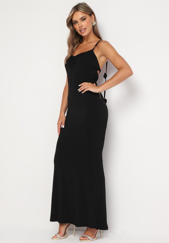 Czarna Sukienka Bodycon Wiązana na Plecach na Sznurki z Kwiatkami Crivia 2