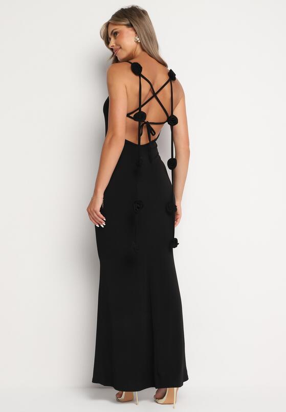 Czarna Sukienka Bodycon Wiązana na Plecach na Sznurki z Kwiatkami Crivia 4