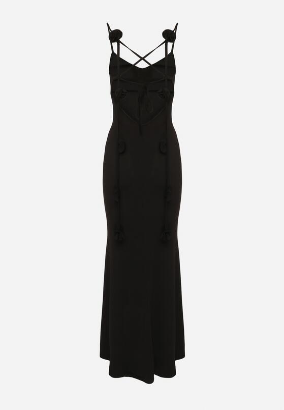 Czarna Sukienka Bodycon Wiązana na Plecach na Sznurki z Kwiatkami Crivia 7