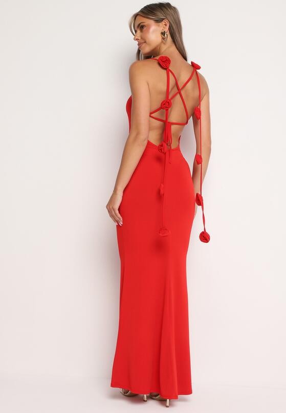 Czerwona Sukienka Bodycon Wiązana na Plecach na Sznurki z Kwiatkami Crivia 3
