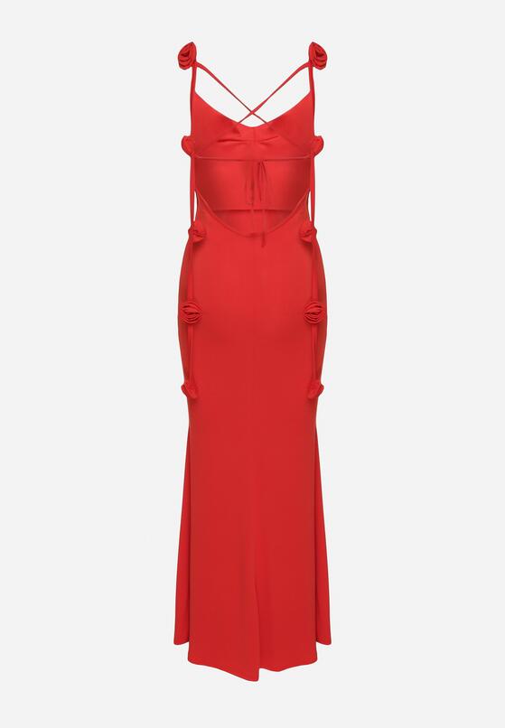 Czerwona Sukienka Bodycon Wiązana na Plecach na Sznurki z Kwiatkami Crivia 7