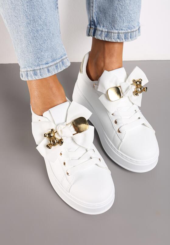 Biało-Złote Sneakersy na Platformie z Kokardką i Broszką Grivia 3