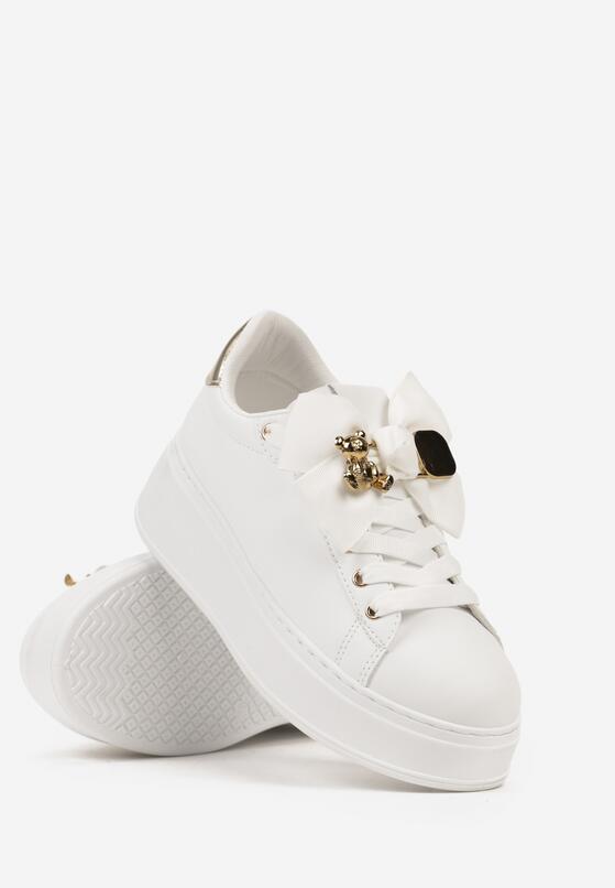 Biało-Złote Sneakersy na Platformie z Kokardką i Broszką Grivia