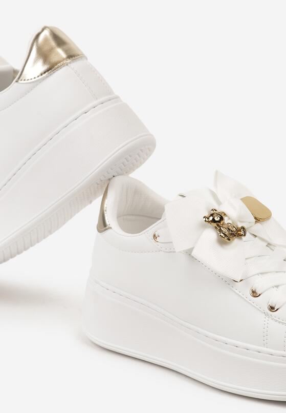 Biało-Złote Sneakersy na Platformie z Kokardką i Broszką Grivia 6