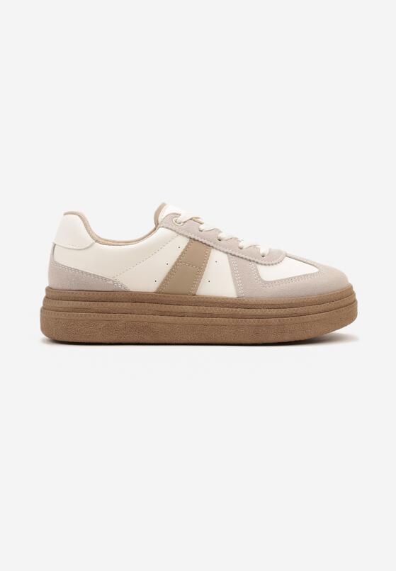 Ciemnobeżowe Sneakersy na Niskiej Platformie z Materiałowymi Wstawkami Xeonbia 4