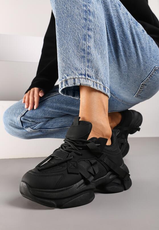 Czarne Sneakersy na Grubej Podeszwie z Ozdobnymi Sznurówkami Moraza 2