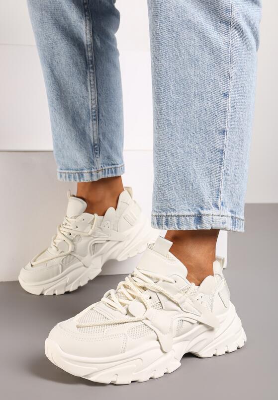 Beżowe Sneakersy na Grubej Podeszwie z Ozdobnymi Sznurówkami Benalina 3