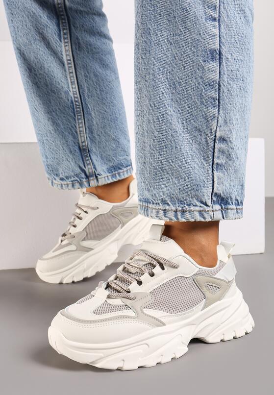 Szare Sneakersy na Grubej Podeszwie z Ozdobnymi Przeszyciami Benadelle 3