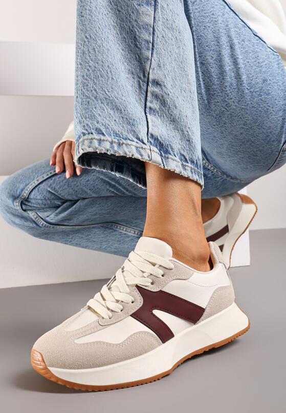 Beżowo-Bordowe Płaskie Buty Sportowe Sneakersy z Geometrycznym Wzorem Nawla 2