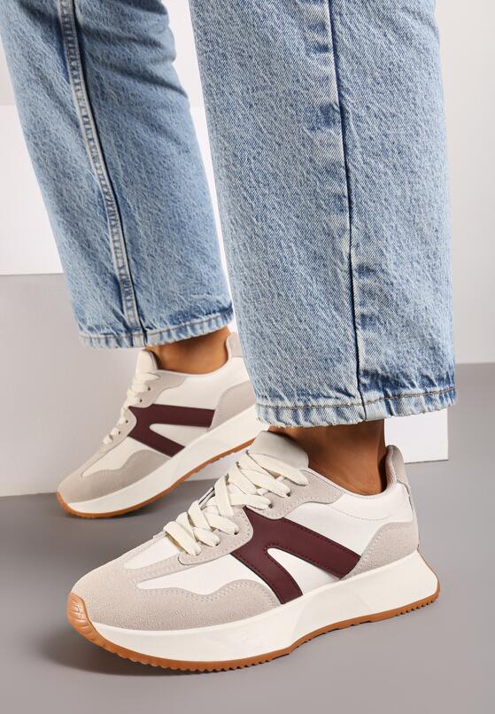 Beżowo-Bordowe Płaskie Buty Sportowe Sneakersy z Geometrycznym Wzorem Nawla 1