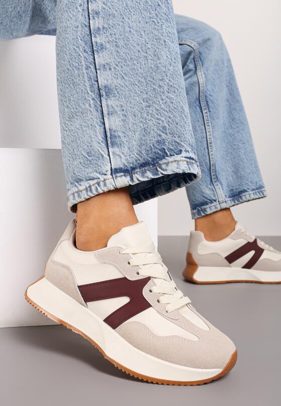 Beżowo-Bordowe Płaskie Buty Sportowe Sneakersy z Geometrycznym Wzorem Nawla 3