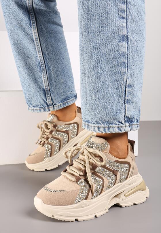 Ciemnobeżowe Brokatowe Sneakersy na Grubej Podeszwie Wlanna 3
