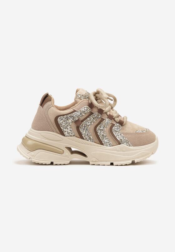 Ciemnobeżowe Brokatowe Sneakersy na Grubej Podeszwie Wlanna 4