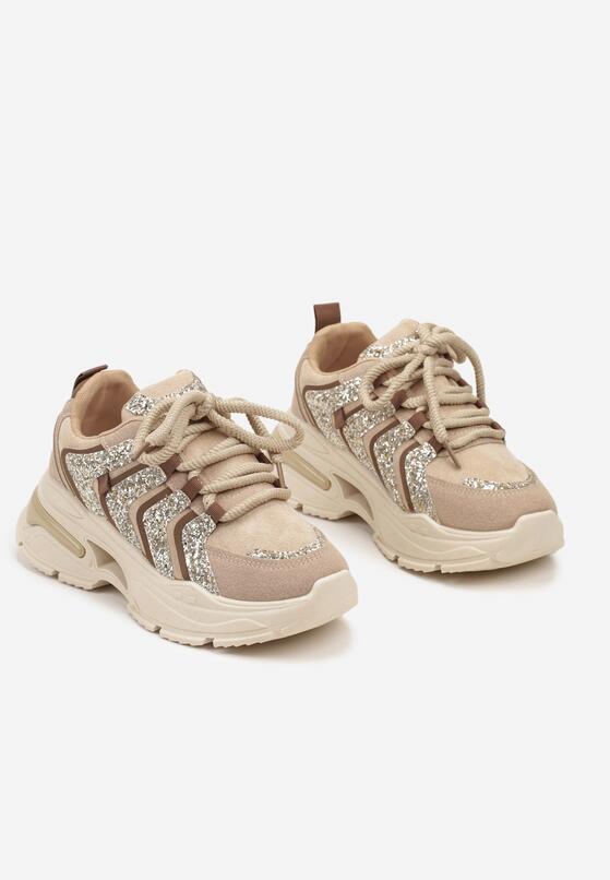 Ciemnobeżowe Brokatowe Sneakersy na Grubej Podeszwie Wlanna 5