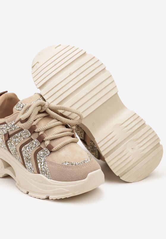Ciemnobeżowe Brokatowe Sneakersy na Grubej Podeszwie Wlanna 6