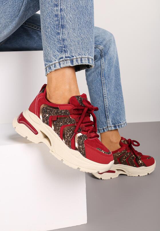 Bordowe Brokatowe Sneakersy na Grubej Podeszwie Wlanna 2