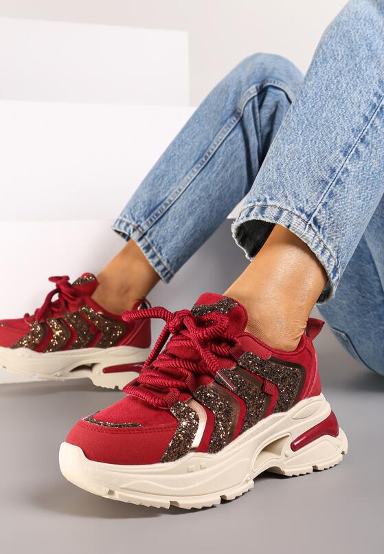 Bordowe Brokatowe Sneakersy na Grubej Podeszwie Wlanna 1