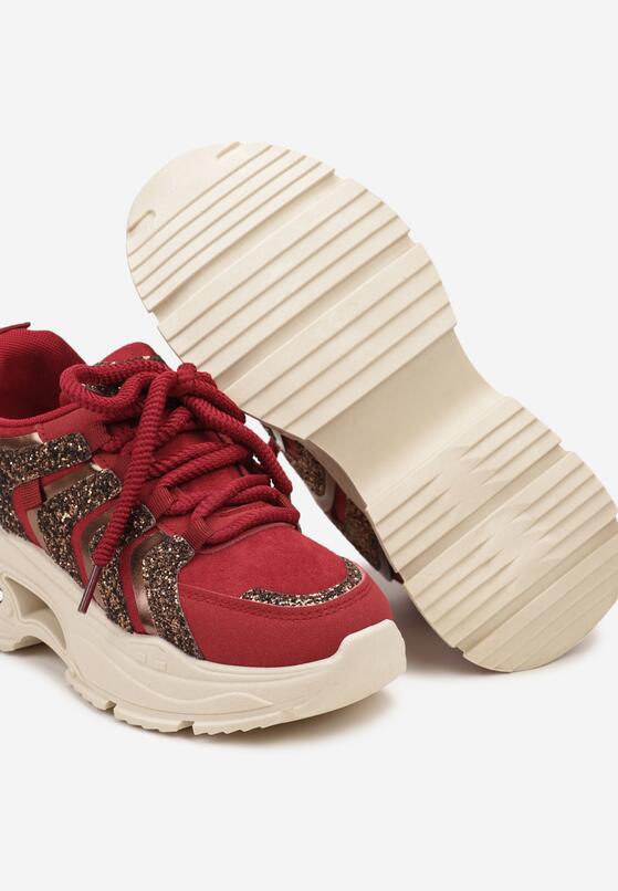 Bordowe Brokatowe Sneakersy na Grubej Podeszwie Wlanna 6
