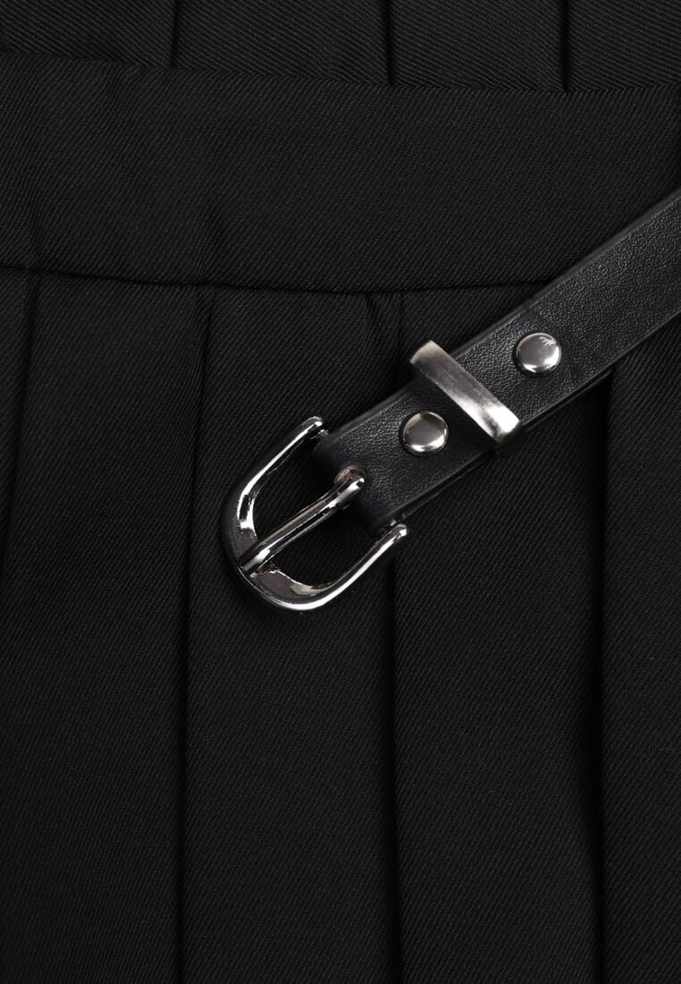 Czarne Plisowane Spódnico-Szorty z Wysokim Stanem i Paskiem Emivia 8