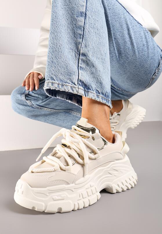Beżowe Sneakersy na Grubej Tłoczonej Podeszwie z Podwójnym Sznurowaniem Glefida 3