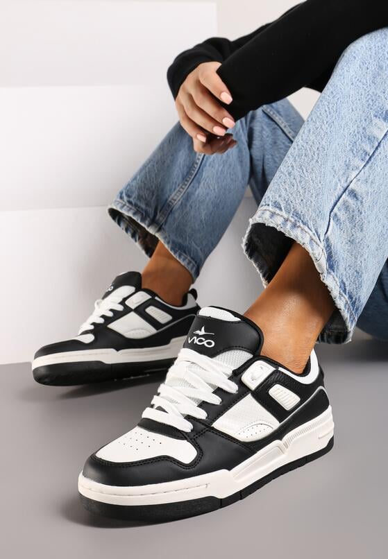 Czarno-Białe Płaskie Sznurowane Sneakersy Ozdobione Tłoczeniami Vlirina 2