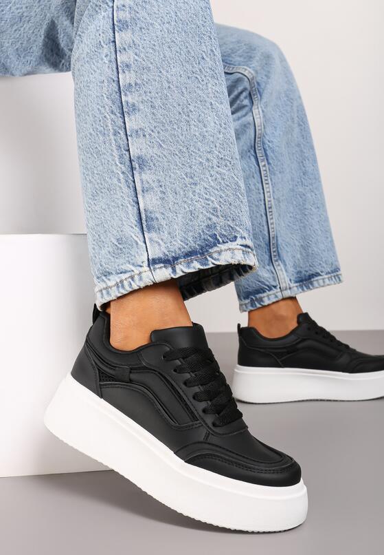 Czarne Płaskie Sneakersy z Geometrycznym Wzorem i Sznurowaniem Vlisera 2