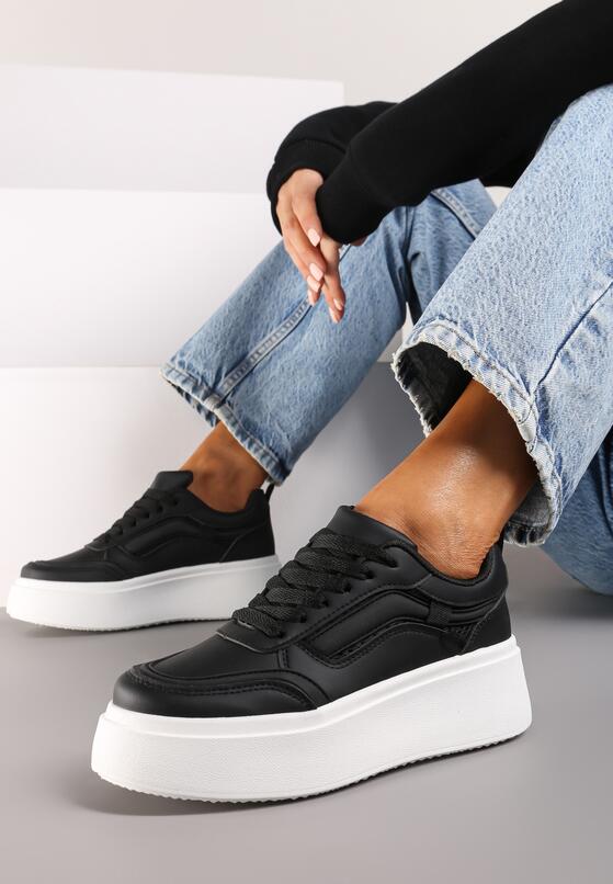 Czarne Płaskie Sneakersy z Geometrycznym Wzorem i Sznurowaniem Vlisera 1