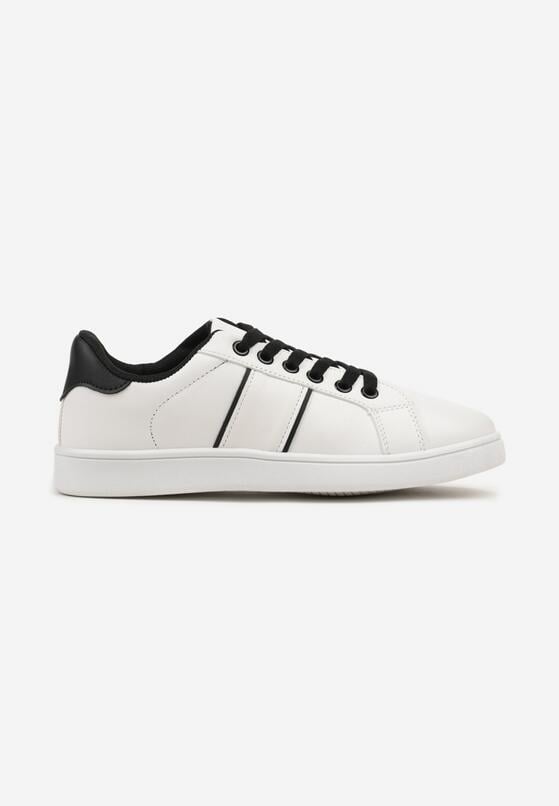 Biało-Czarne Płaskie Sneakersy ze Sznurowaniem Ozdobione Paskami Elithna 4