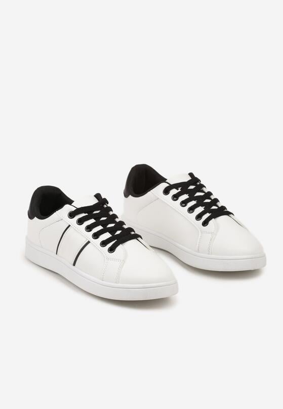 Biało-Czarne Płaskie Sneakersy ze Sznurowaniem Ozdobione Paskami Elithna 5