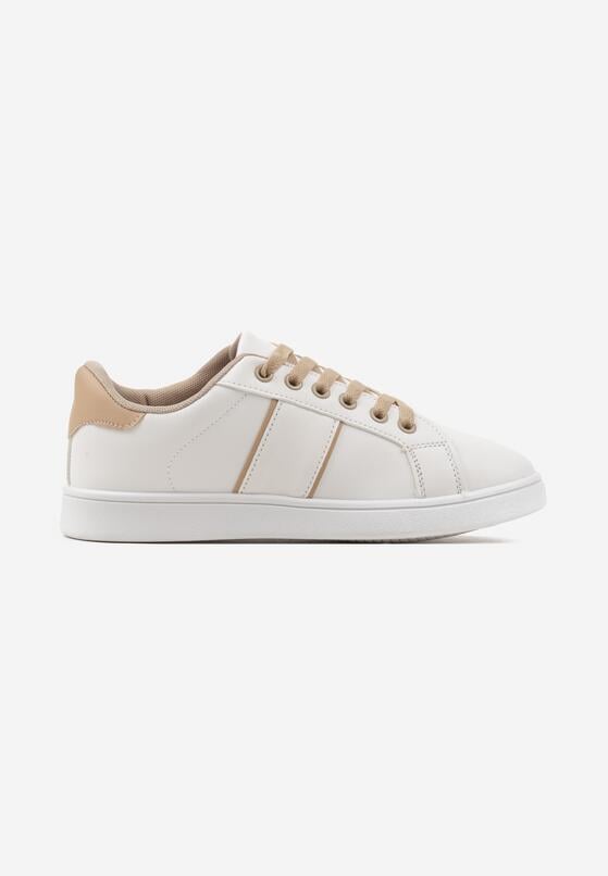 Biało-Beżowe Płaskie Sneakersy ze Sznurowaniem Ozdobione Paskami Elithna 4