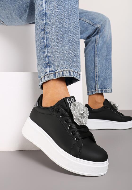 Czarno-Srebrne Sneakersy na Grubej Podeszwie z Odczepianym Kwiatem z Cyrkonii Navisia 2