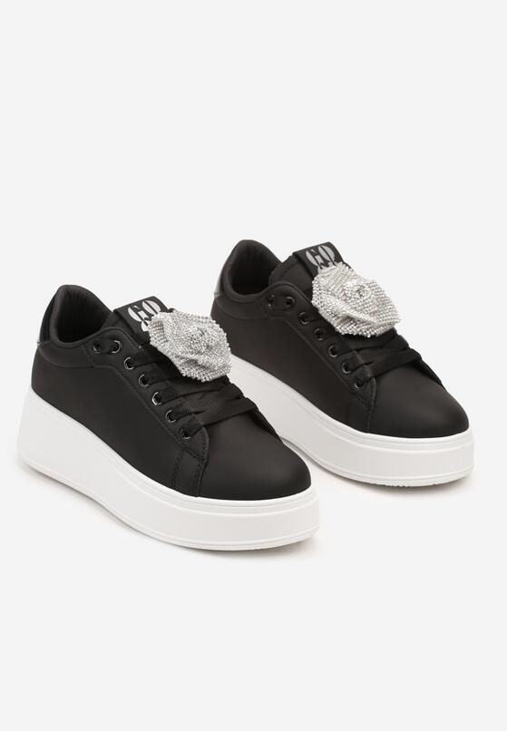 Czarno-Srebrne Sneakersy na Grubej Podeszwie z Odczepianym Kwiatem z Cyrkonii Navisia 5