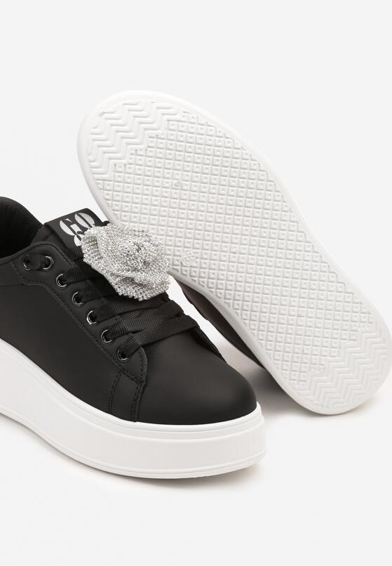 Czarno-Srebrne Sneakersy na Grubej Podeszwie z Odczepianym Kwiatem z Cyrkonii Navisia 6