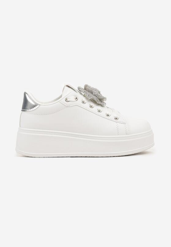 Biało-Srebrne Sneakersy na Grubej Podeszwie z Odczepianym Kwiatem z Cyrkonii Navisia 4