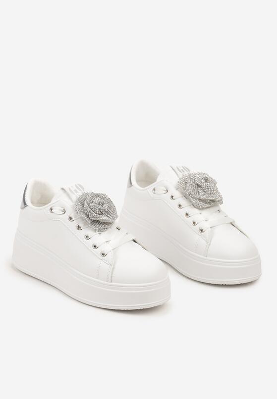 Biało-Srebrne Sneakersy na Grubej Podeszwie z Odczepianym Kwiatem z Cyrkonii Navisia 5