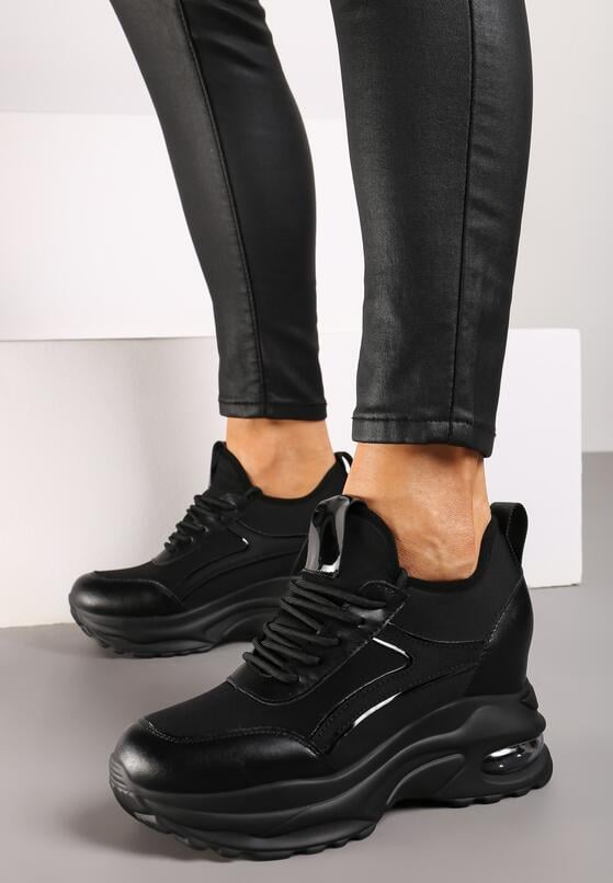 Czarne Sneakersy na Ukrytym Koturnie z Metalicznymi Wstawkami Vlivina 1