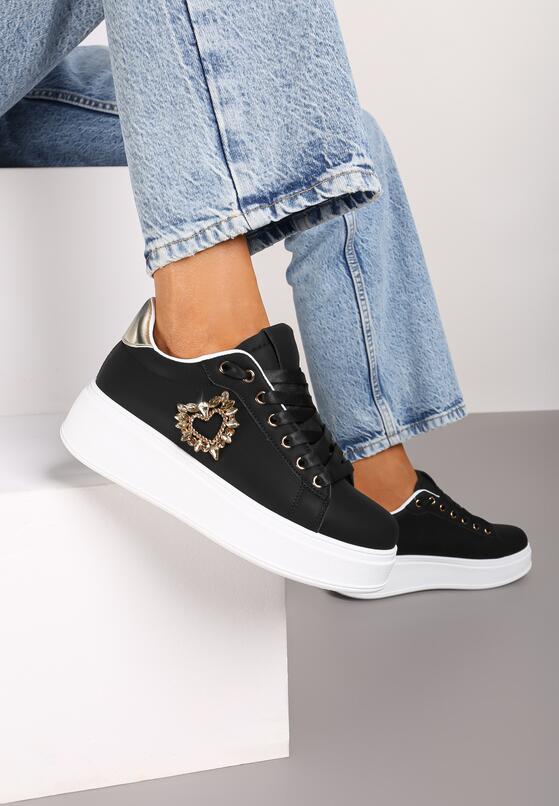 Czarne Sznurowane Sneakersy na Grubej Podeszwie Ozdobione Cyrkoniami Elivira 1