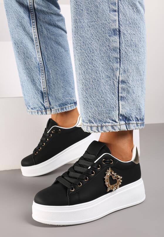 Czarne Sznurowane Sneakersy na Grubej Podeszwie Ozdobione Cyrkoniami Elivira 3