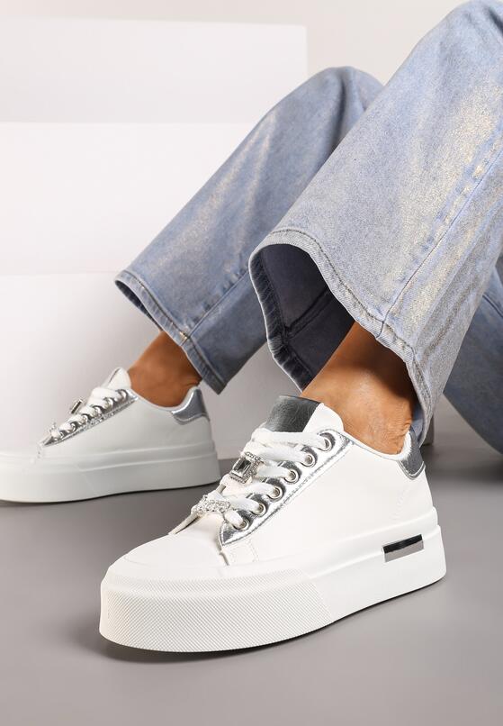 Biało-Srebrne Sneakersy na Grubej Podeszwie z Metalicznymi Wstawkami i Cyrkoniami Himaria 2