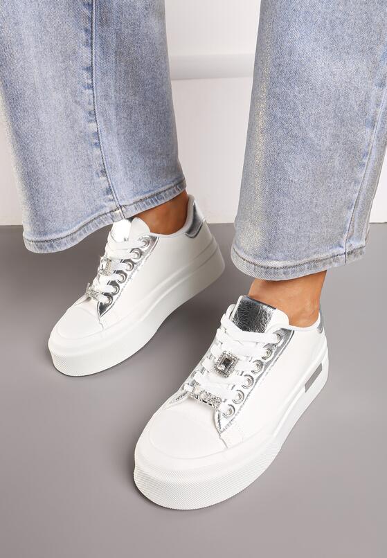 Biało-Srebrne Sneakersy na Grubej Podeszwie z Metalicznymi Wstawkami i Cyrkoniami Himaria 3