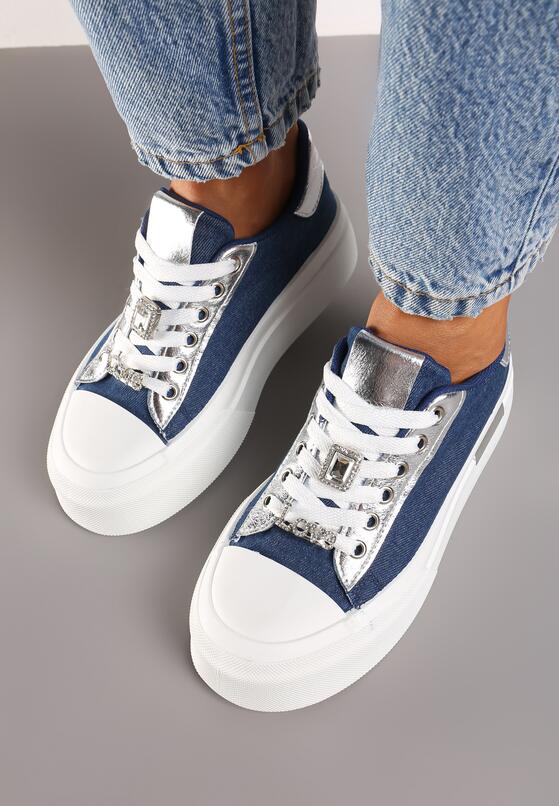 Niebieskie Sneakersy na Grubej Podeszwie z Metalicznymi Wstawkami i Cyrkoniami Himaria 3