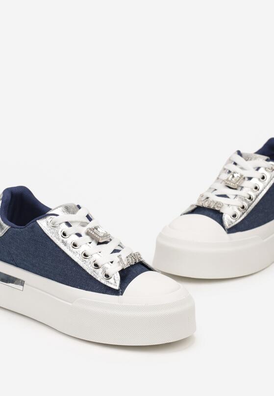 Niebieskie Sneakersy na Grubej Podeszwie z Metalicznymi Wstawkami i Cyrkoniami Himaria 6